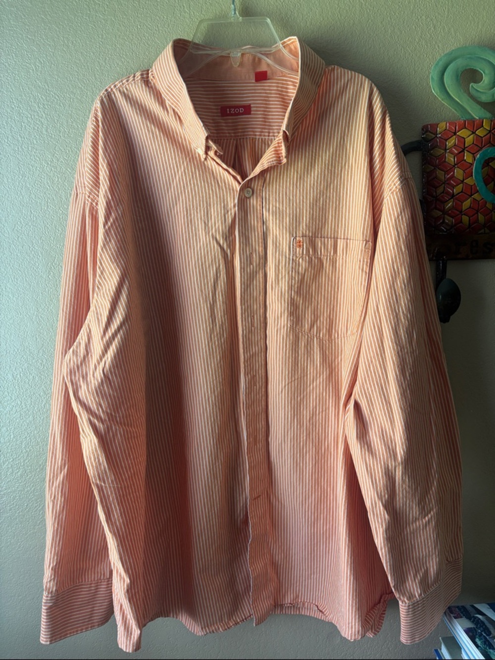 Izod Men's Orange and White Striped Button-Down Shirt